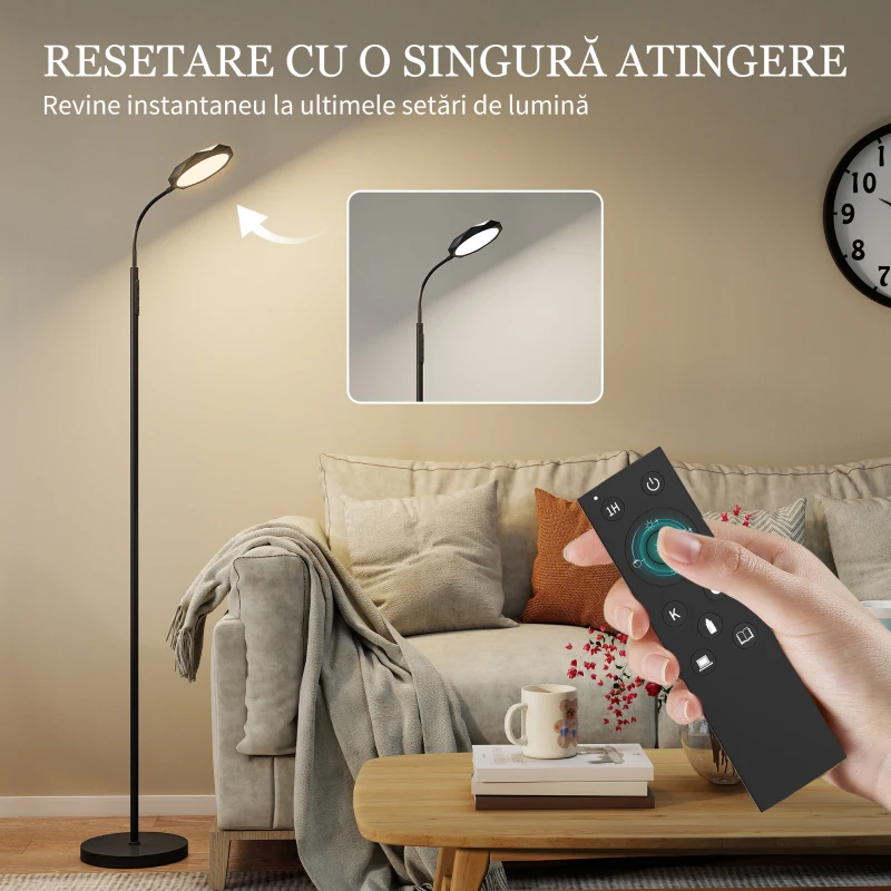 HOMCOM Lampă de Podea LED Reglabilă cu Telecomandă Magnetică și Comenzi Tactile, Cap Rotativ 360°, Reglare Luminozitate și Temperatură a Culorii, pentru Cameră și Living, Negru