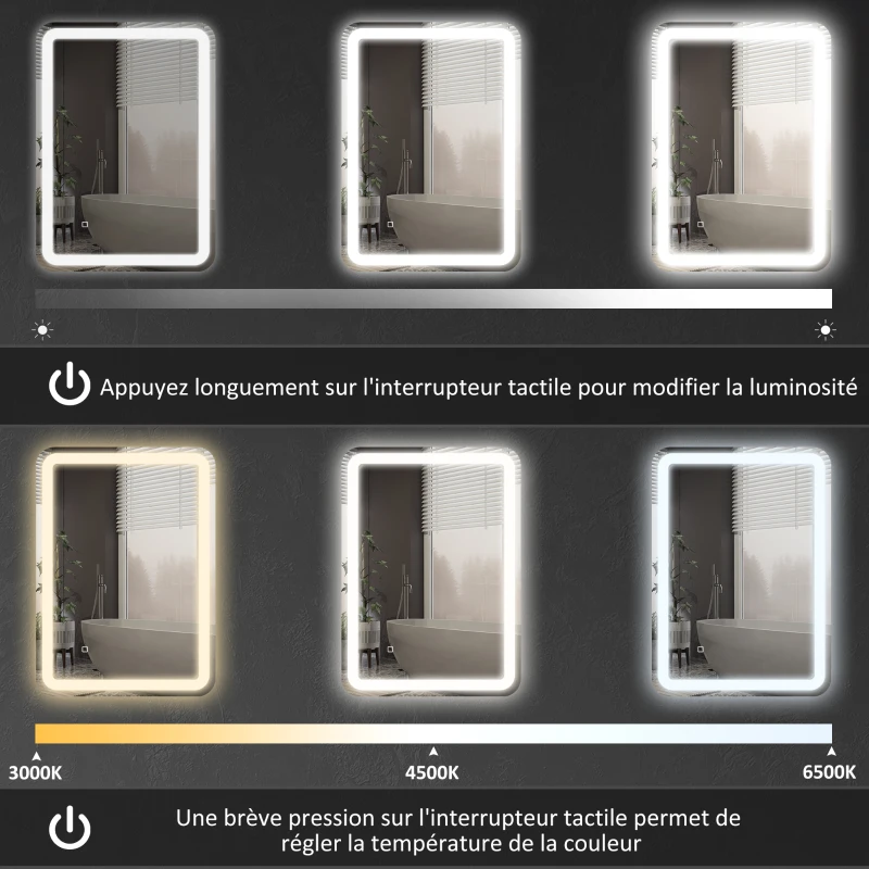 HOMCOM Miroir de salle de bain rectangulaire LED fonction anti-buée luminosité réglable fonction mémoire 70 x 90 cm argent