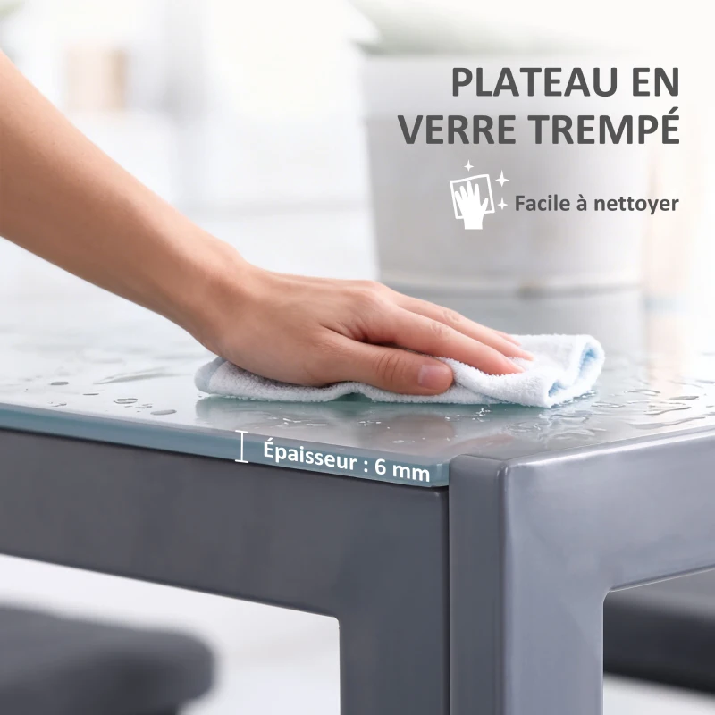 HOMCOM Table à manger pour 4 personnes, table de cuisine avec plateau en verre trempé et pieds en métal, 75 x 75 x 75 cm, gris