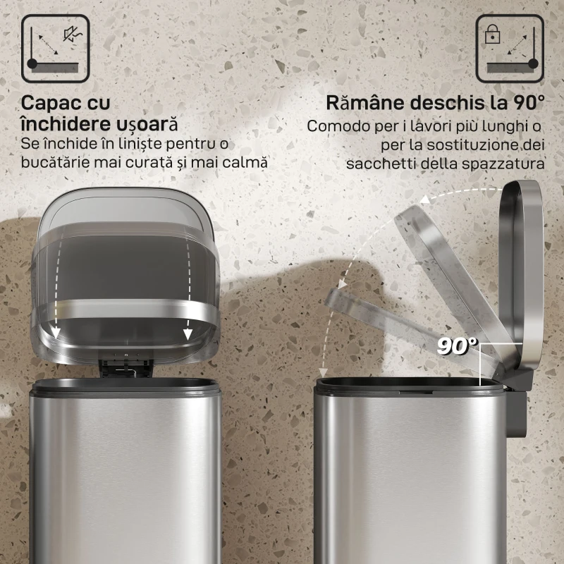 HOMCOM Coș de Gunoi 30L cu Închidere Silențioasă și Recipient Removabil, Coș cu Pedală, pentru Bucătărie, Living, Birou și Cameră de Studiu, 29x36x59.5 cm, Argintiu