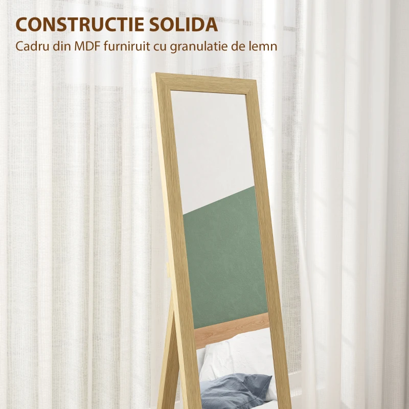 HOMCOM Oglindă cu Ramă din MDF, Picioare și Cârlige pentru Utilizare pe Podea sau pe Perete, 37x40x155 cm, Lemn Natural
