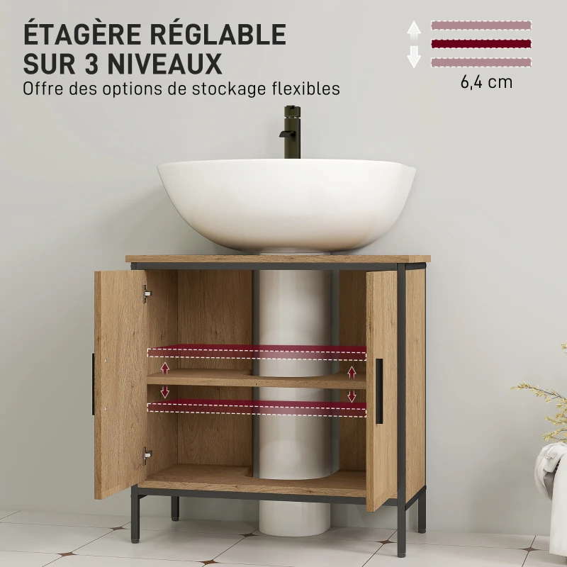HOMCOM Meuble sous lavabo, meuble de salle de bain avec 2 portes et étagère réglable, style moderne, 60 x 30 x 60 cm, chêne