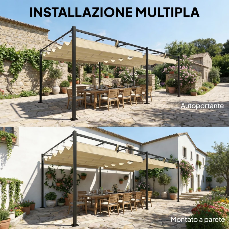 Outsunny Pergola da Giardino con Tettuccio Scorrevole UV50+ in Metallo, 5.7x2.95m, Beige