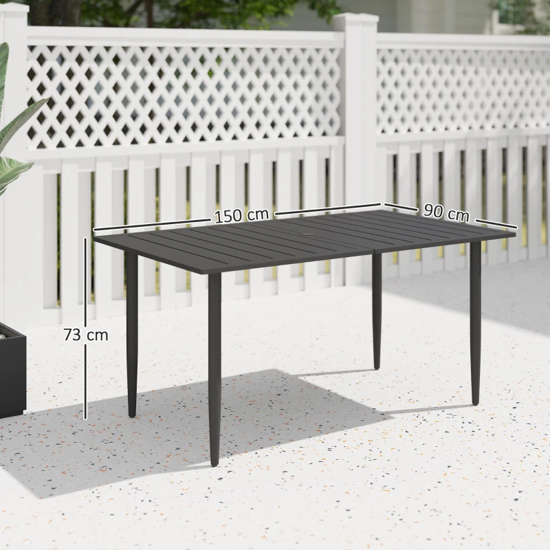 Outsunny Masă de Grădină Dreptunghiulară 150x90x73 cm, Masă de Dining pentru 6 Persoane cu Design cu Lamele și Gaură pentru Umbrelă din Oțel, Pentru Terasă, Balcon și Exterior, Negru