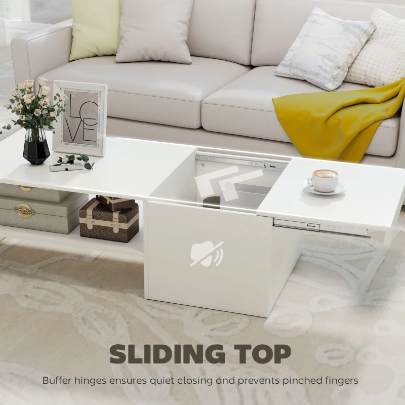 HOMCOM Măsuță de Cafea din Lemn cu Blat Glisant și Raft Deschis și Ascuns, 110x52x36 cm, Alb