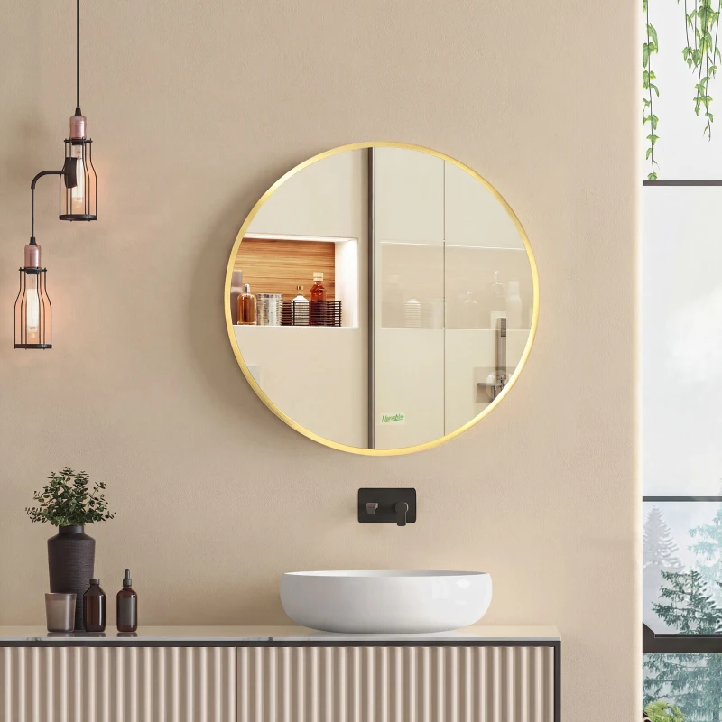 kleankin Specchio Bagno Rotondo con Cornice da Parete in Lega di Alluminio, Ø50x2cm, Oro