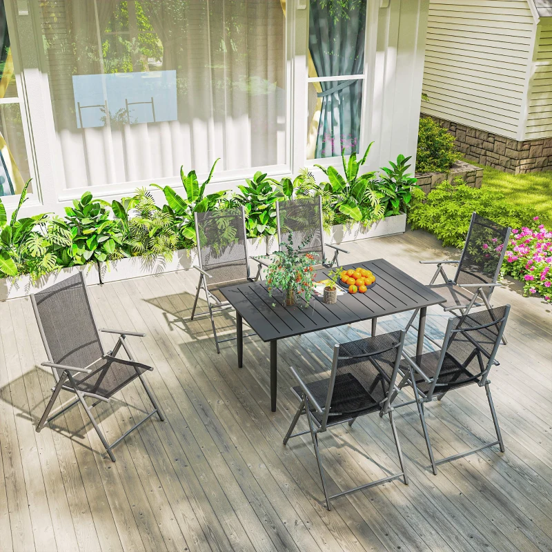 Outsunny Masă de Grădină Dreptunghiulară 150x90x73 cm, Masă de Dining pentru 6 Persoane cu Design cu Lamele și Gaură pentru Umbrelă din Oțel, Pentru Terasă, Balcon și Exterior, Negru