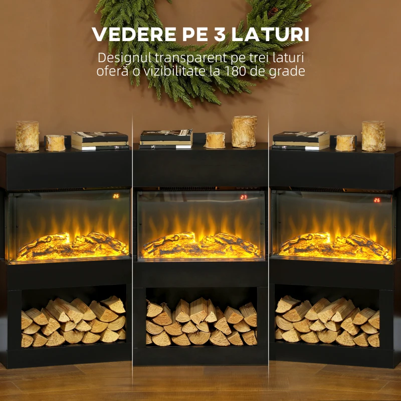 HOMCOM Șemineu electric cu efect de flacără colorată, 1000W/2000W și telecomandă