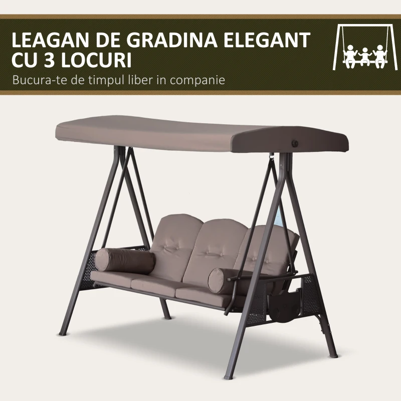 Outsunny Balansoar Autoportant pentru 3 Persoane, Scaun de Relaxare Exterior, Șezut Cu Perne și Acoperiș Reglabil, Maro