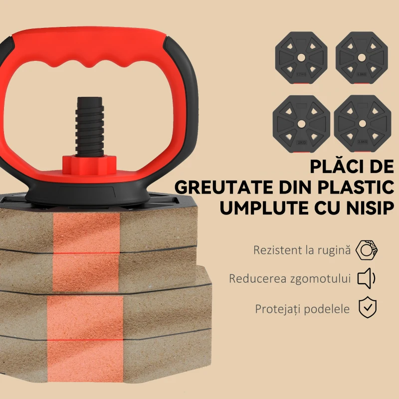 SPORTNOW Set Greutăți de Sală 4 în 1 de 30kg, Convertibil în Kettlebell, 2 Gantere, Haltere și Suport pentru Flotări, Roșu