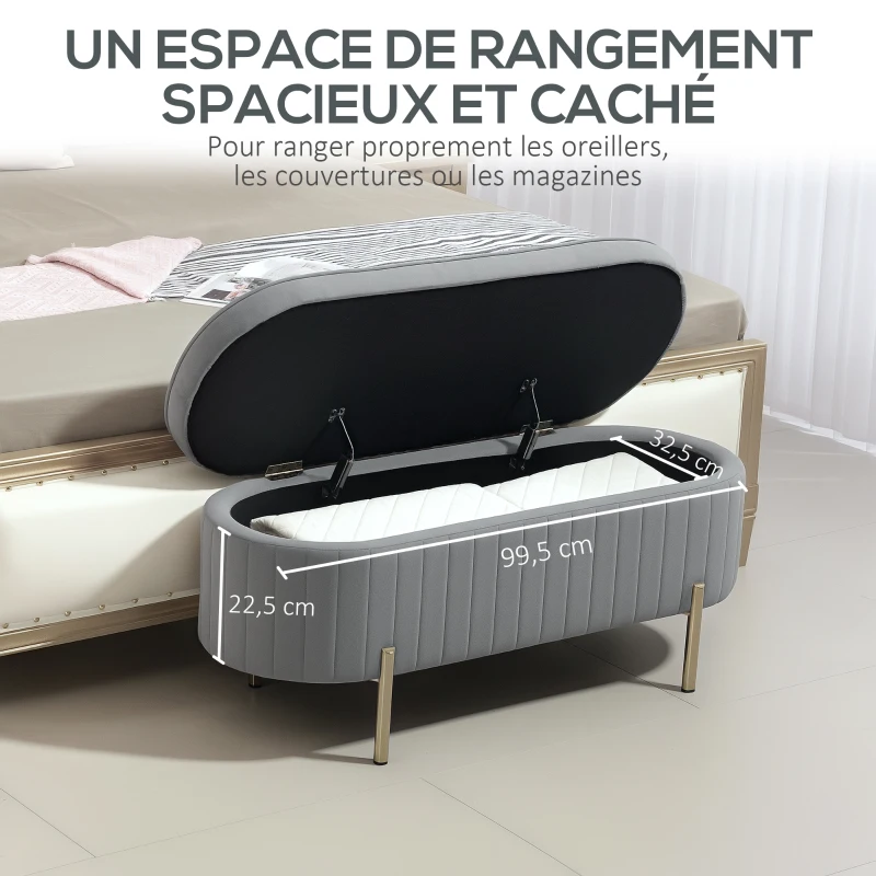 HOMCOM Banc de rangement, bout de lit en velours avec couvercle, pieds en métal, capacité 72 L, 108x44x43,5cm, gris