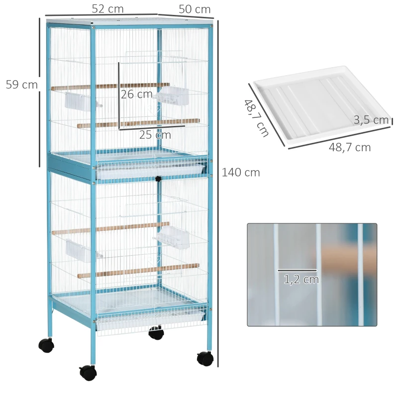 PawHut Grande Cage à Oiseaux sur pied double avec mangeoires perchoirs plateau amovible roulettes - Dim. 51,5L x 50l x 140H cm