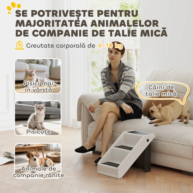 PawHut Scară pentru Câini și Pisici cu 3 Trepte Antiderapante, Design Pliabil cu Capacitate de 10 kg, Crem