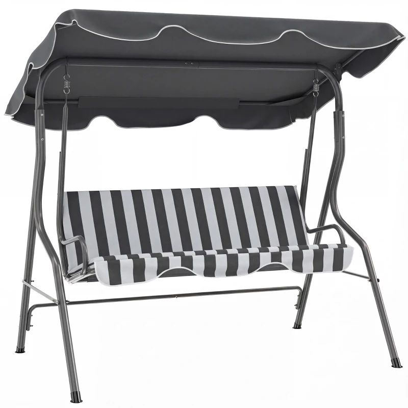 Outsunny Balanço de Jardim 3 Lugares Toldo Impermeável Inclinação Ajustável Almofadas Assento Encosto Cinza Branco Listrado