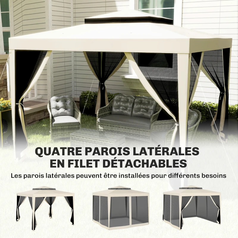Outsunny Tonnelle barnum de jardin 3L x 3l m avec 4 moustiquaires amovibles - double toit - beige