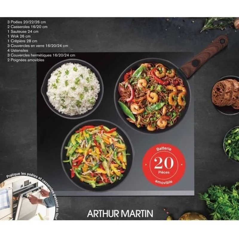 Batterie de cuisine - Tous feux dont induction - Arthur Martin - AM0530 - Aluminium - Anti-adhésif - 20 pieces - Poignée amovible