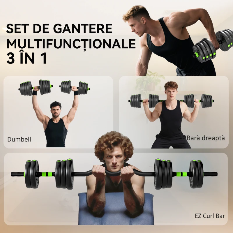 SPORTNOW Set Bară cu Greutăți 3 în 1 cu 16 Discuri din Plastic și Nisip Verde