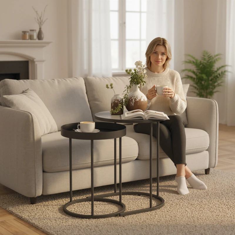 HOMCOM Set Rotund de Măsuțe de Cafea Stivuibile - Gri