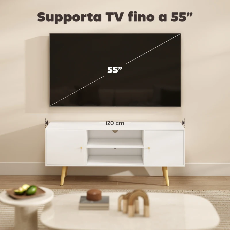 HOMCOM Mobile TV 55" max con 2 Armadietti e 2 Ripiani Aperti, in Legno e Truciolato, 120x34x50 cm, Bianco