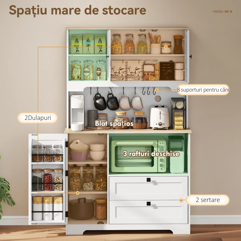 HOMCOM Bufet de Bucătărie Înalt 162 cm, Mobilier de Depozitare cu 2 Dulapuri, 2 Sertare, Suport Condimente, Orificii pentru Cabluri, Rafturi Reglabile, Blat pentru Cuptor cu Microunde, Suporturi pentru Cești, Alb