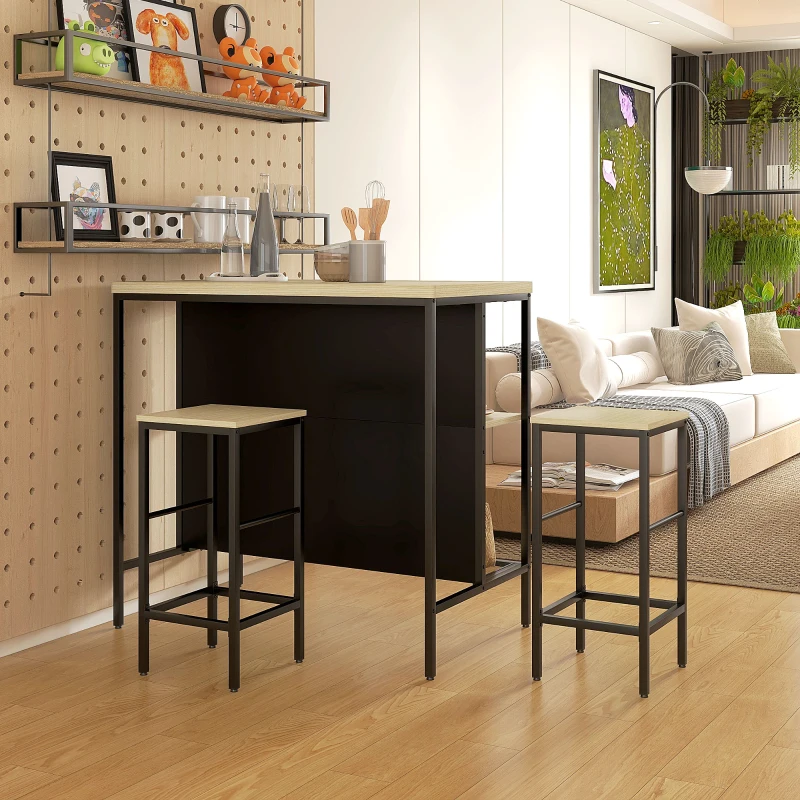 HOMCOM Ensemble table de bar et 2 tabourets style industriel avec étagère de rangement, repose-pieds, métal noir et aspect bois