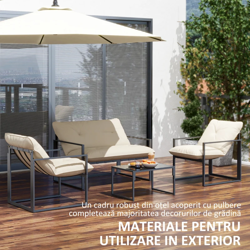 Outsunny Set Mobilier Exterior 4 Piese, Set Relaxare cu Măsuță din Sticlă, Canapea, 2 Fotolii și Perne, Bej