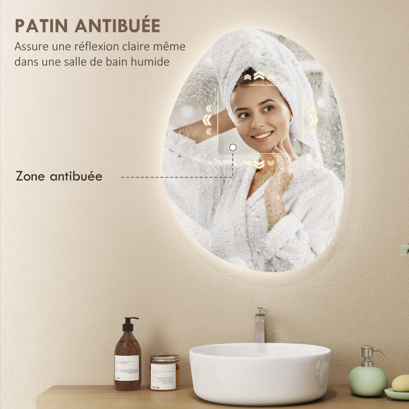 HOMCOM Miroir de Salle de Bain Asymétrique LED 70 x 50 cm - 3 couleurs, anti-buée, montage mural avec interrupteur tactile