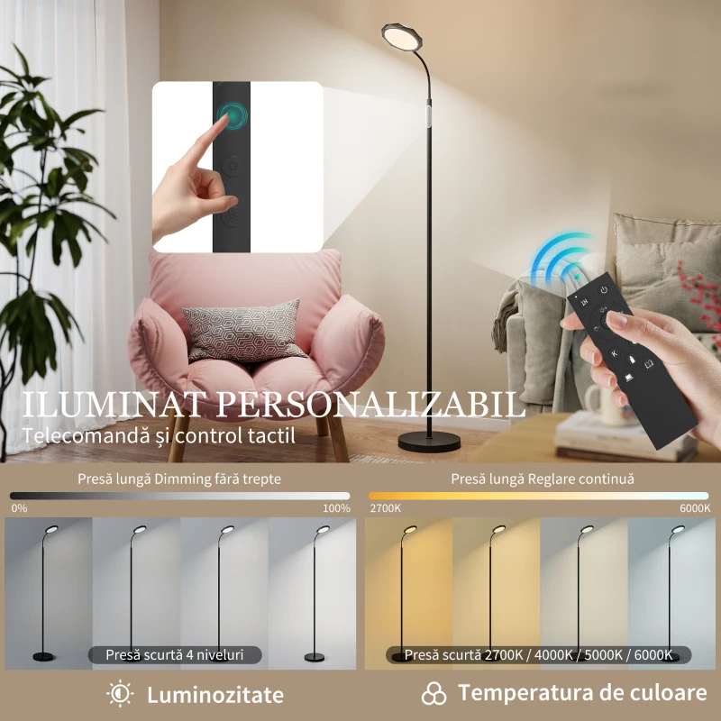 HOMCOM Lampă de Podea LED Reglabilă cu Telecomandă Magnetică și Comenzi Tactile, Cap Rotativ 360°, Reglare Luminozitate și Temperatură a Culorii, pentru Cameră și Living, Negru