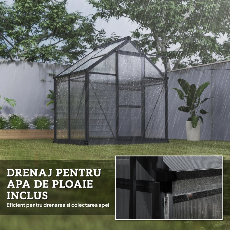 Outsunny Seră de Grădină din Policarbonat Anti-UV cu Fereastră și Ușă Glisantă, 190x132x201cm