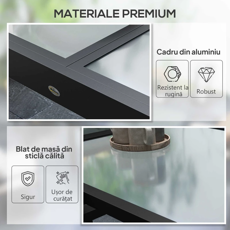 Outsunny Masă de Grădină Extensibilă cu Blat din Sticlă 80-160x80x75 cm Negru