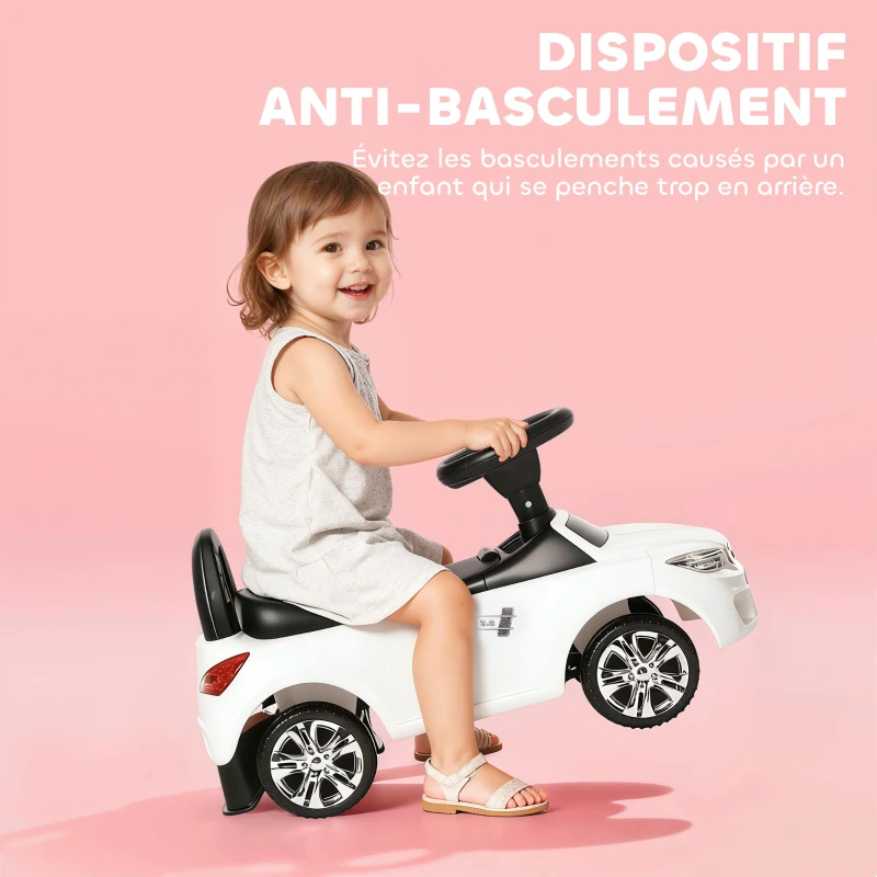 HOMCOM Porteur enfants voiture, véhicule à pousser avec coffre à jouets, klaxon, phares et musique, 63,5 x 28 x 36 cm, blanc