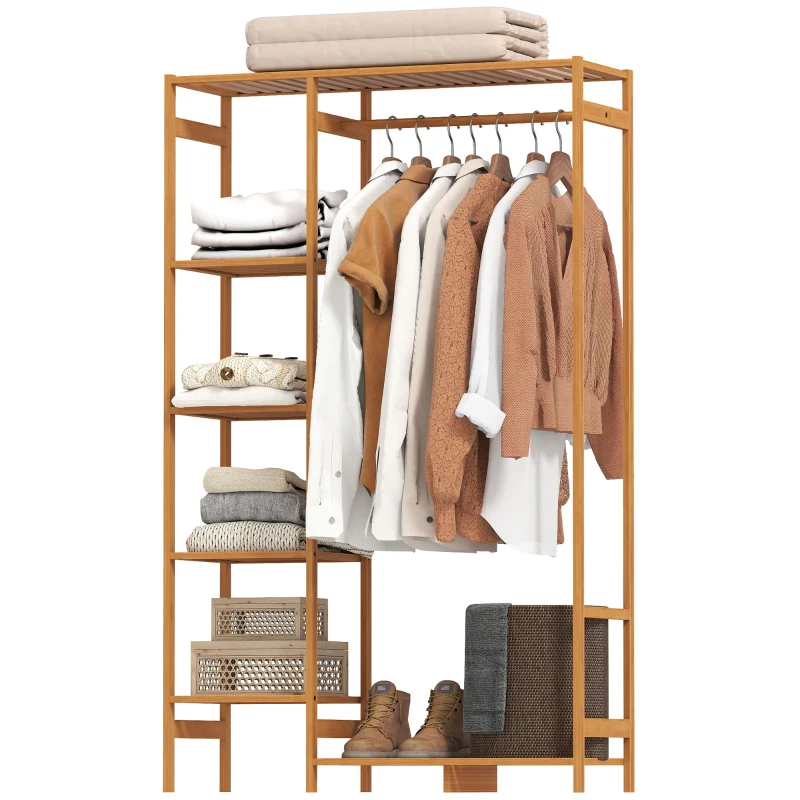 HOMCOM Suport pentru Haine din Bambus cu Rafturi pe 6 Niveluri și Bară pentru Haine, Stender pentru Dormitor și Hol, Design Modern, 90x30x145 cm, Lemn Natural