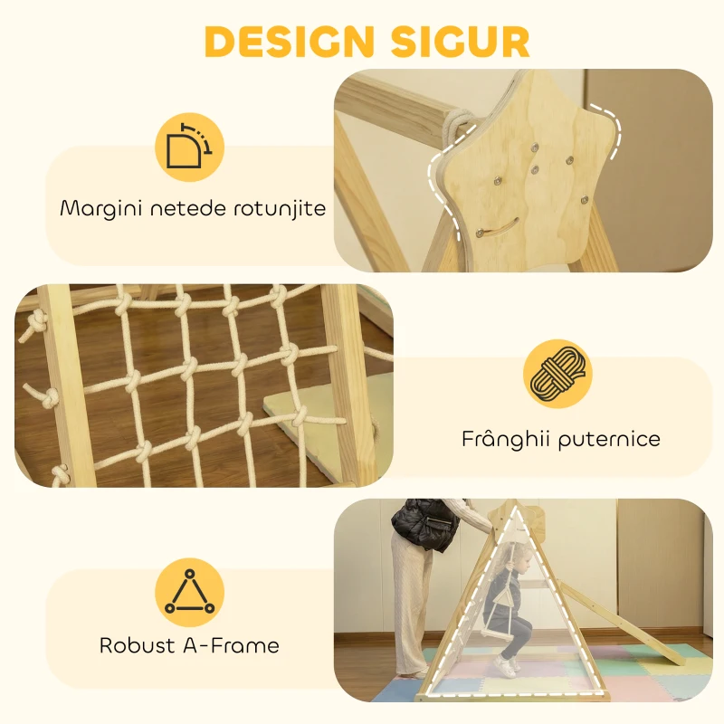 AIYAPLAY Set de Cățărare 5 în 1 cu Tobogan, 2 Pereți de Cățărare, Leagăn și Coș de Baschet, din Lemn, 140x172.5x116.5 cm