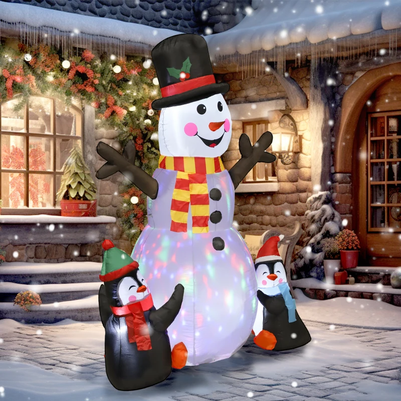 Outsunny Bonhomme de neige et pingouins gonflable de Noël de 180 cm avec lumières LED, décoration de Noël intérieur et extérieur