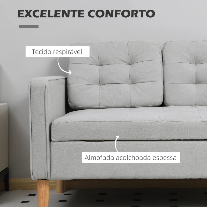 HOMCOM Sofá de 2 Lugares com Espaço de Armazenamento Pés de Madeira Encosto Capitonê 117x62x78 cm Cinzento Claro