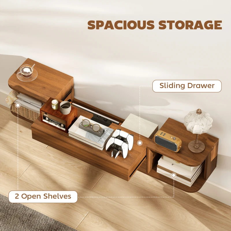 HOMCOM Suport TV suspendat până la 50" cu prize de curent, USB și tip C, sertar și rafturi, 120x24x22.4 cm, Nuc