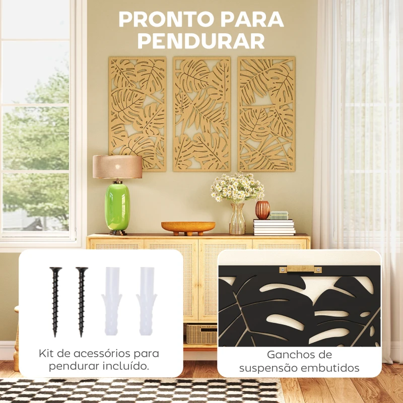 HOMCOM Decoração de Parede de Madeira 3D 3 Peças 40x80 cm Adornos com Padrão de Folhas Tropicais Madeira