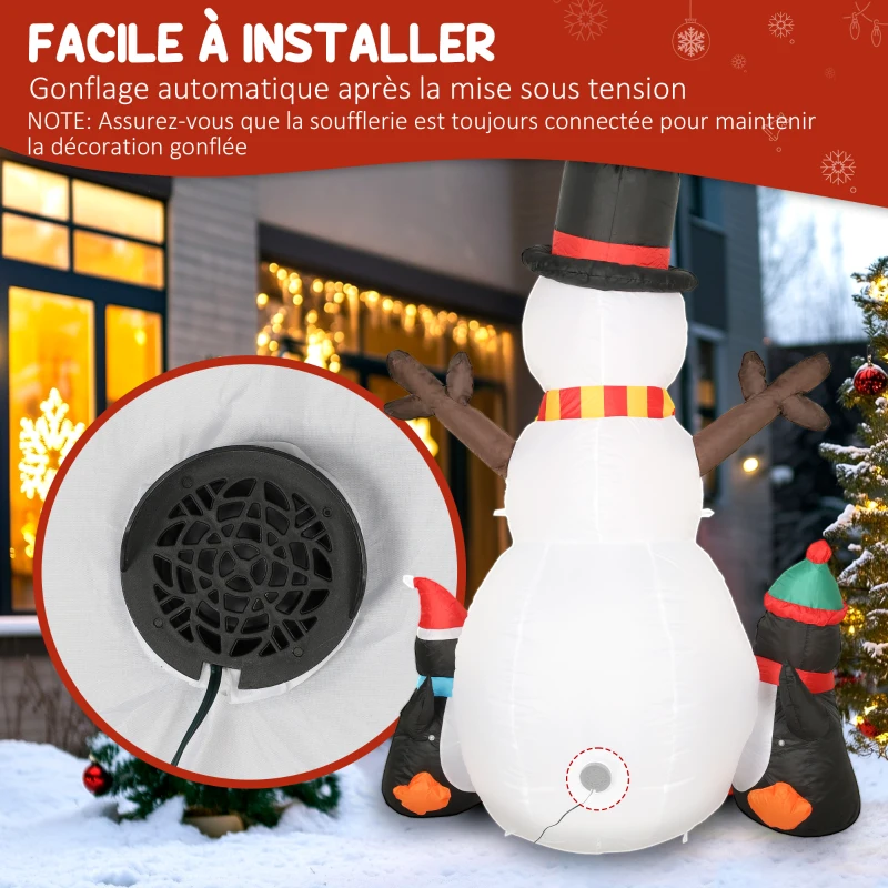 Outsunny Bonhomme de neige et pingouins gonflable de Noël de 180 cm avec lumières LED, décoration de Noël intérieur et extérieur