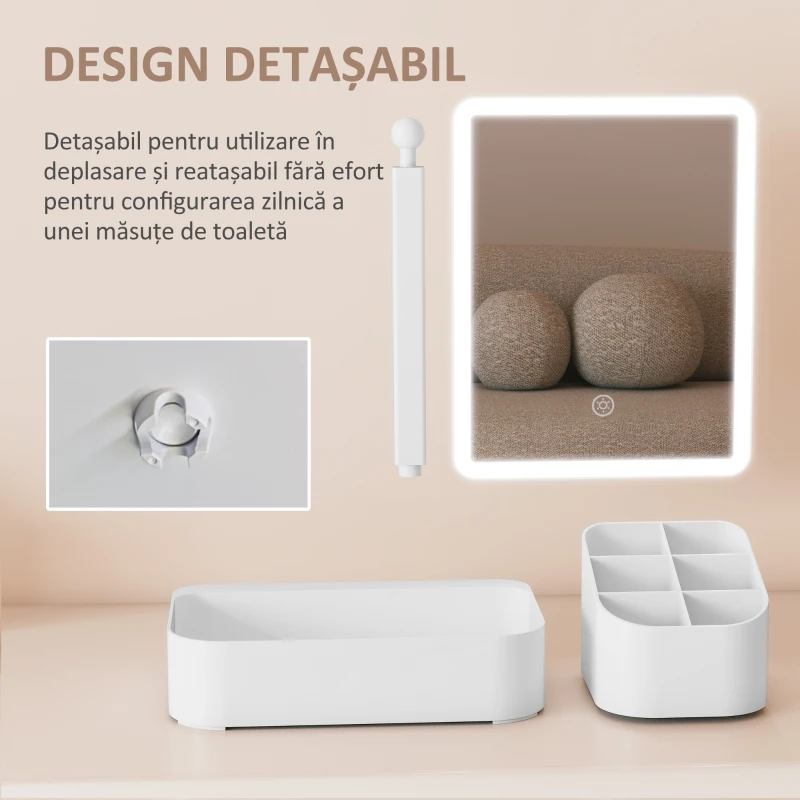 HOMCOM Oglindă de Machiaj cu Lumină, Reîncărcabilă cu Ecran Touch, 2 Moduri de Iluminare și Rotire 180°, Alb