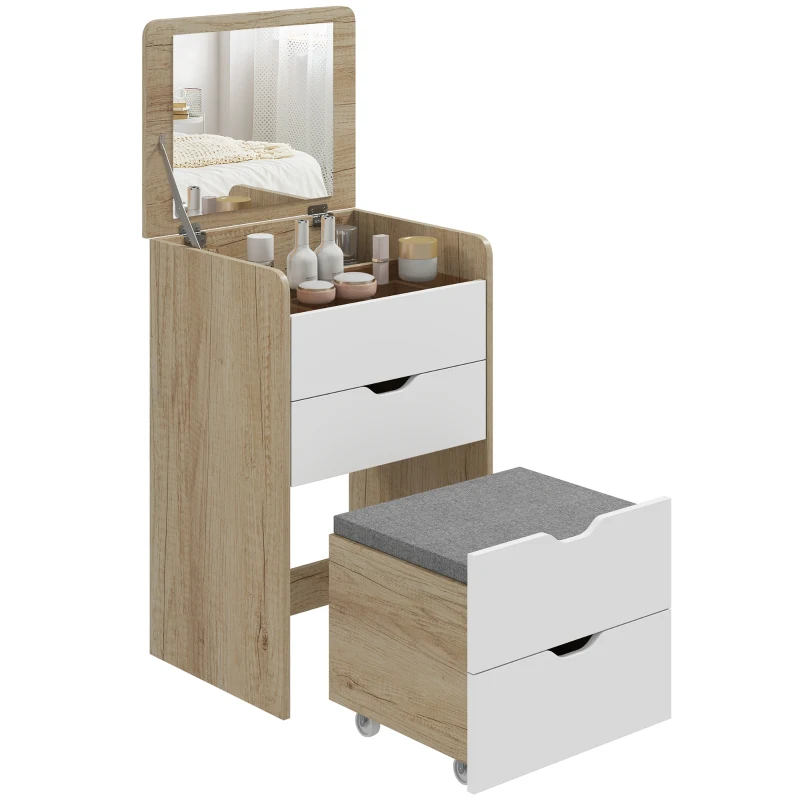 HOMCOM Masă de Machiaj 3 în 1 cu Oglindă, Compartiment, 2 Sertare și Scaun, din Lemn, 50x40x78 cm, Alb și Stejar