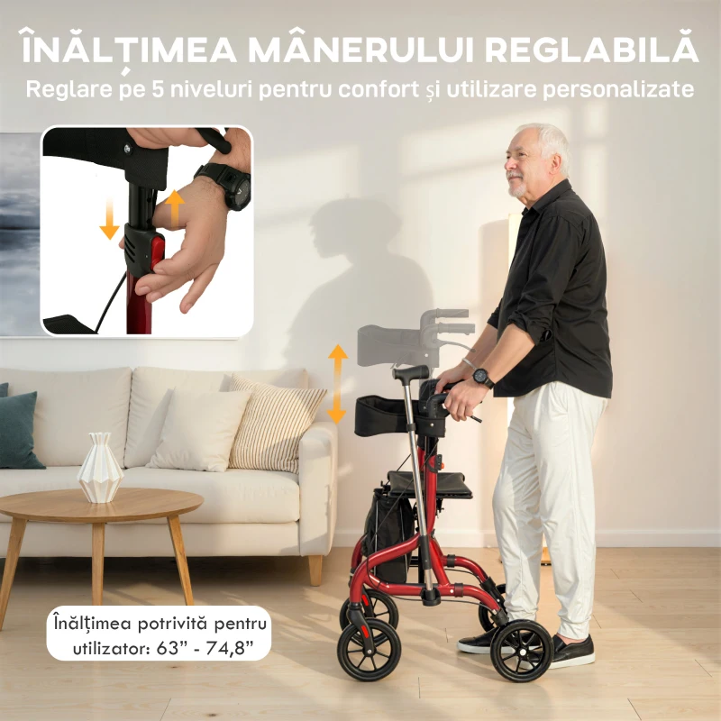 HOMCOM Deambulator cu Scaun și Spătar pentru Vârstnici Pliabil, Reglabil pe Înălțime, Suport pentru Baston, Roșu