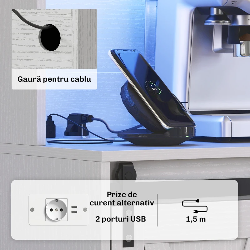 HOMCOM Bufet de Bucătărie Rustic 180cm, Dulap cu Priză de Încărcare, Lumini LED, Suport pentru Sticle, Blat pentru Cuptor, Rafturi Deschise, Uși Glisante, Orificiu pentru Cabluri, Alb