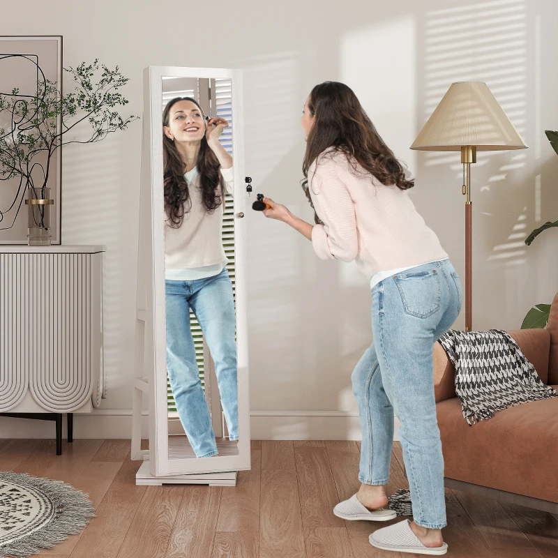 HOMCOM Armoire à Bijoux pivotante verrouillable boîte à bijoux avec Miroir - Armoire Bijoux Multi-Rangement - en Bois Blanc