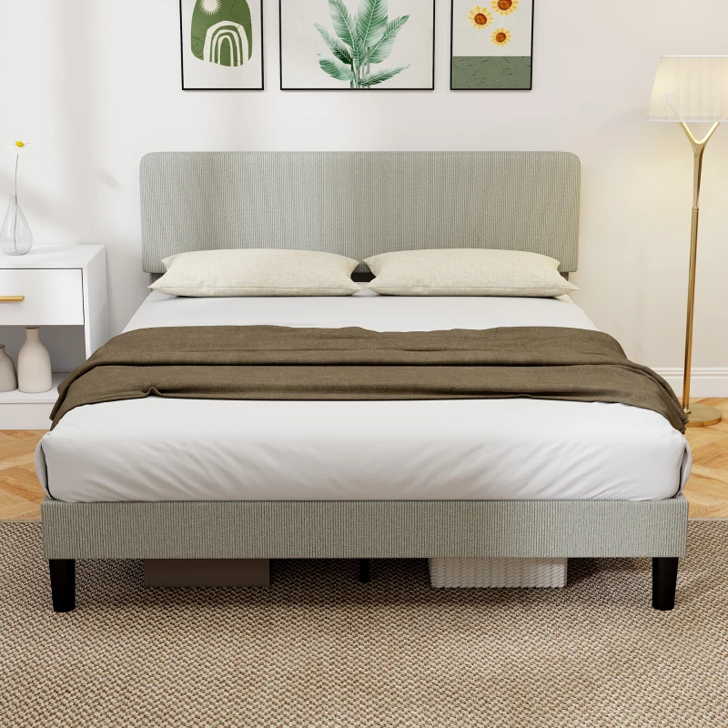 HOMCOM Cadre de lit 160 x 200 cm, sommier à lattes en bois, tête de lit réglable, lit double rembourré en velours côtelé, gris