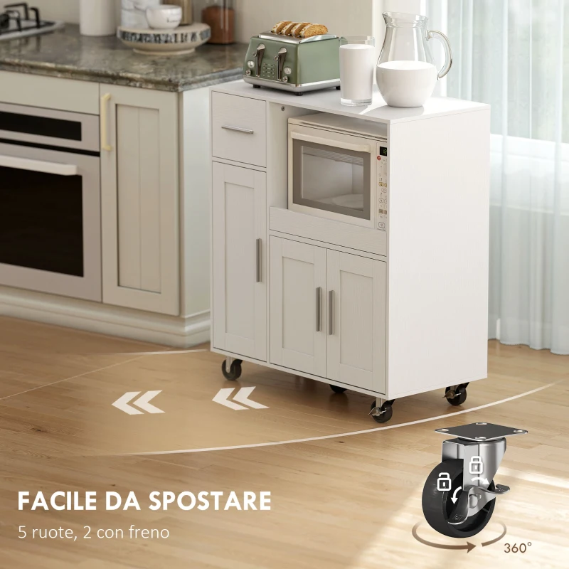 HOMCOM Mobiletto Microonde in Legno con Cassetto, 2 Armadietti, Ripiano Aperto e Piano Regolabile, 80x40x88.7 cm, Bianco