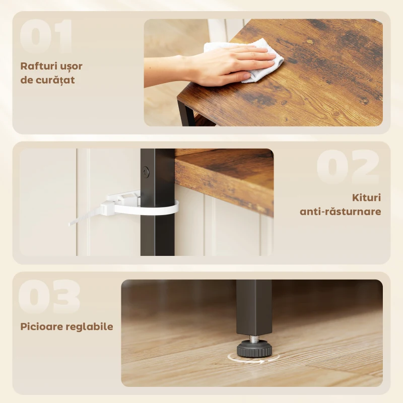 HOMCOM Raft de Bucătărie cu Stație de Încărcare și Rafturi Reglabile, Raft pentru Cuptor cu Microunde cu 5 Niveluri, Panou de Grilaj cu 10 Cârlige, Dulap Vintage din Oțel și PAL, 80x40x170 cm, Maro Rustic