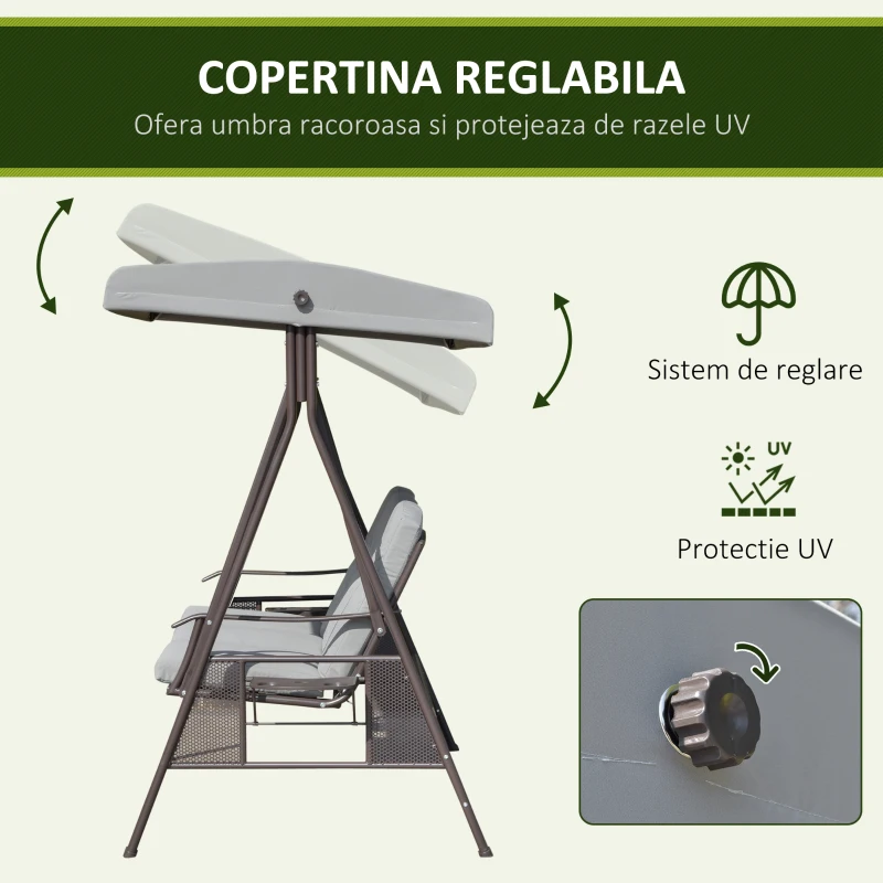 Outsunny Balansoar Exterior 3 Locuri cu Cadru din Oțel, Acoperiș și Perne Incluse, Gri Deschis