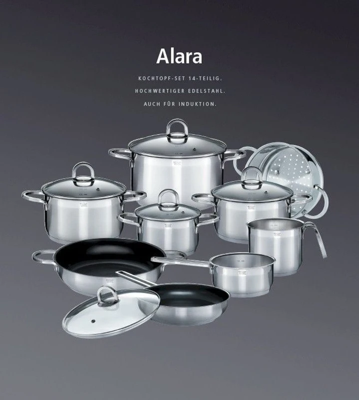 Batterie de cuisine - Induction - GSW - ALARA - Acier inoxydable massif 18/10 - 14 pieces