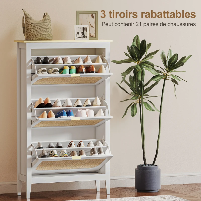 HOMCOM Meuble à chaussures 21 paires bohème avec 3 tiroirs rabattables, portes effet cannage rotin, 80 x 24 x 131 cm, blanc