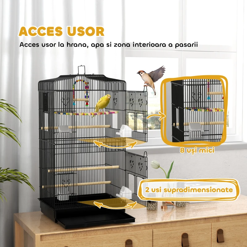 PawHut Colivie pentru pasari cu Stinghii, Leagan si boluri, Voliera din Metal si Plastic, 46.5x35.5x92 cm, Negru